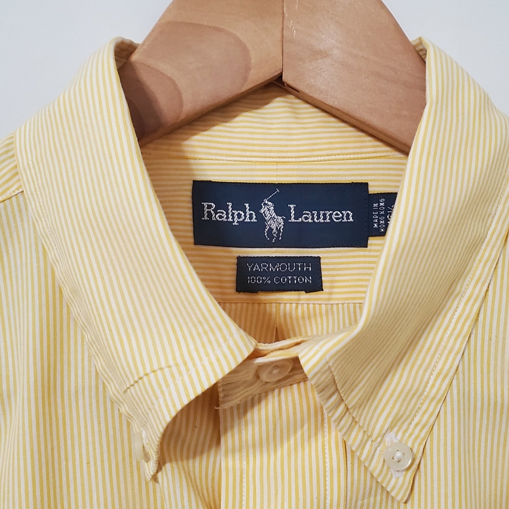 Ralph Lauren Yarmouth Yellow Striped Button Down Shirt 16.5 Neck - Picture 3 of 8